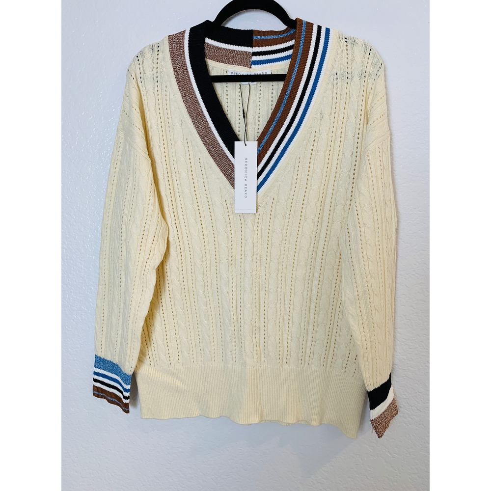 Veronica Beard Rory Sweater Womens Large Ivory Cable Knit Striped Trim NEW